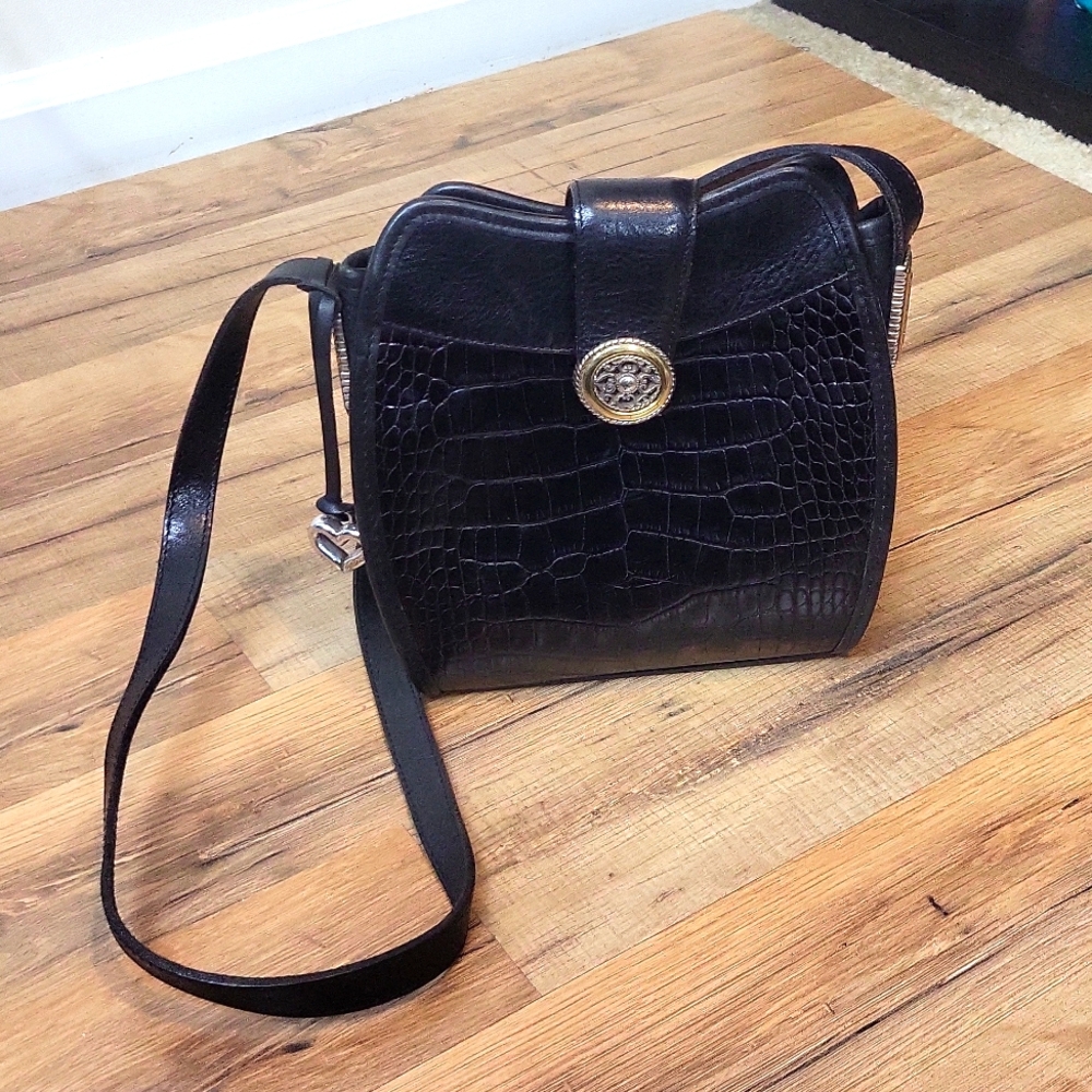 Vtg BRIGHTON Black Croc Embossed Leather Shoulder Tote Crossbody Bag